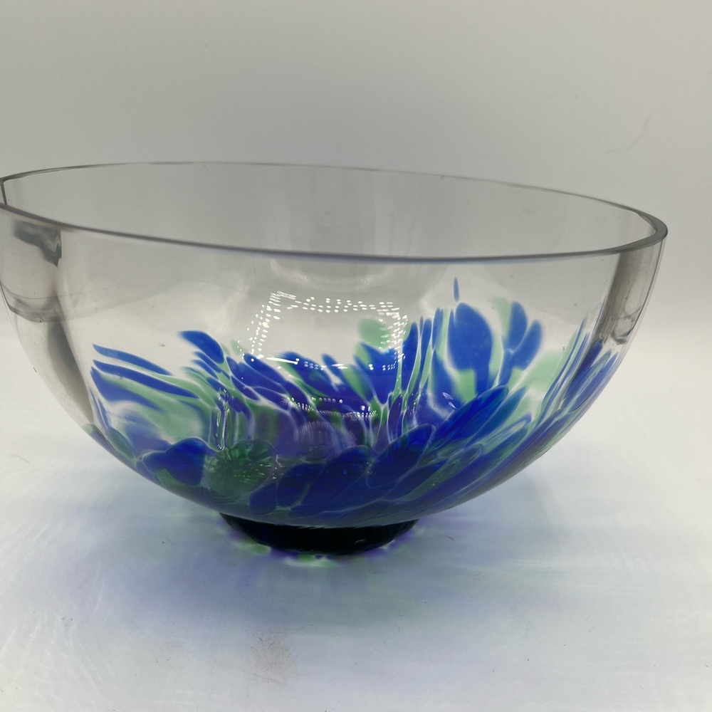 Fused Art Glass Bowl Cobalt Blue And Teal Green On Clear Glass 7.5" Excellent! - Picture 2 of 6